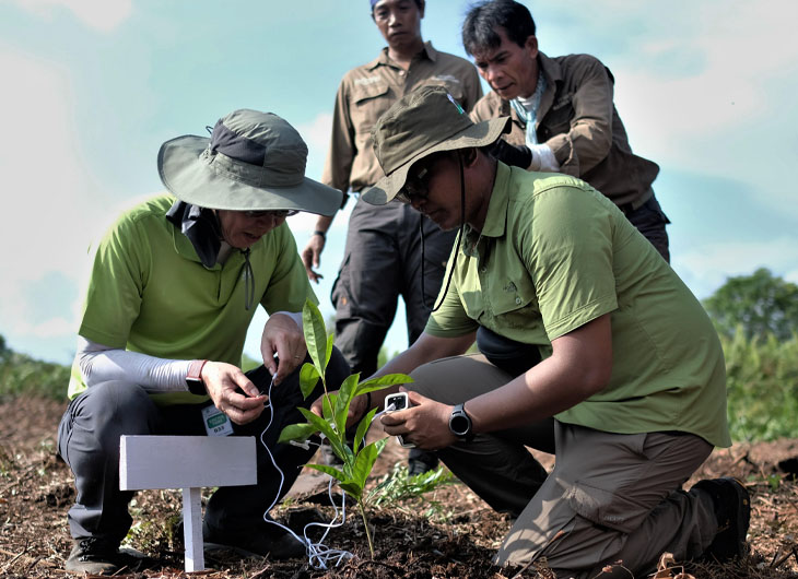 Para pejabat Katingan-Mentaya Project sedang mencoba Nada Bumi Solo untuk mendengar suara bibit pohon di areal Katingan-Mentaya Project, Kalimantan Tengah. Inovasi penting untuk mengukur dan mengetahui kerusakan ekologi (Foto: Dok. PT RMU)