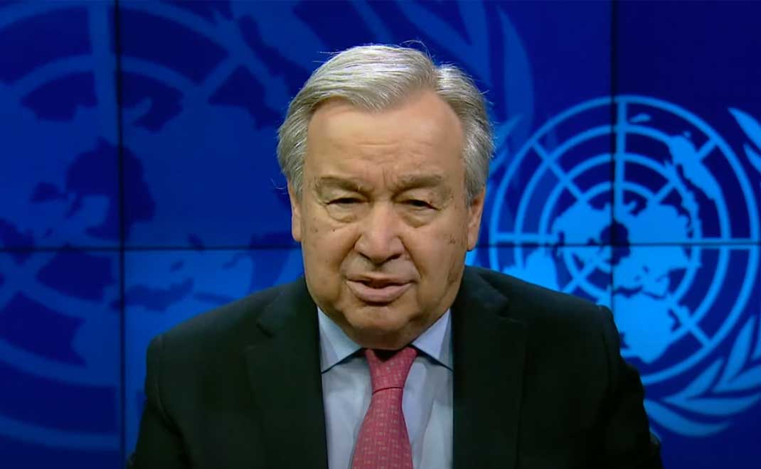 Sekretaris Jenderal PBB AntÃ³nio Guterres saat berpidato merespons laporan IPCC, 4 April 2022 (Foto: Youtube PBB)